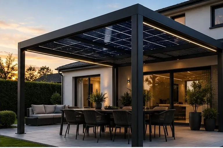 Pergola solaire moderne sur une terrasse